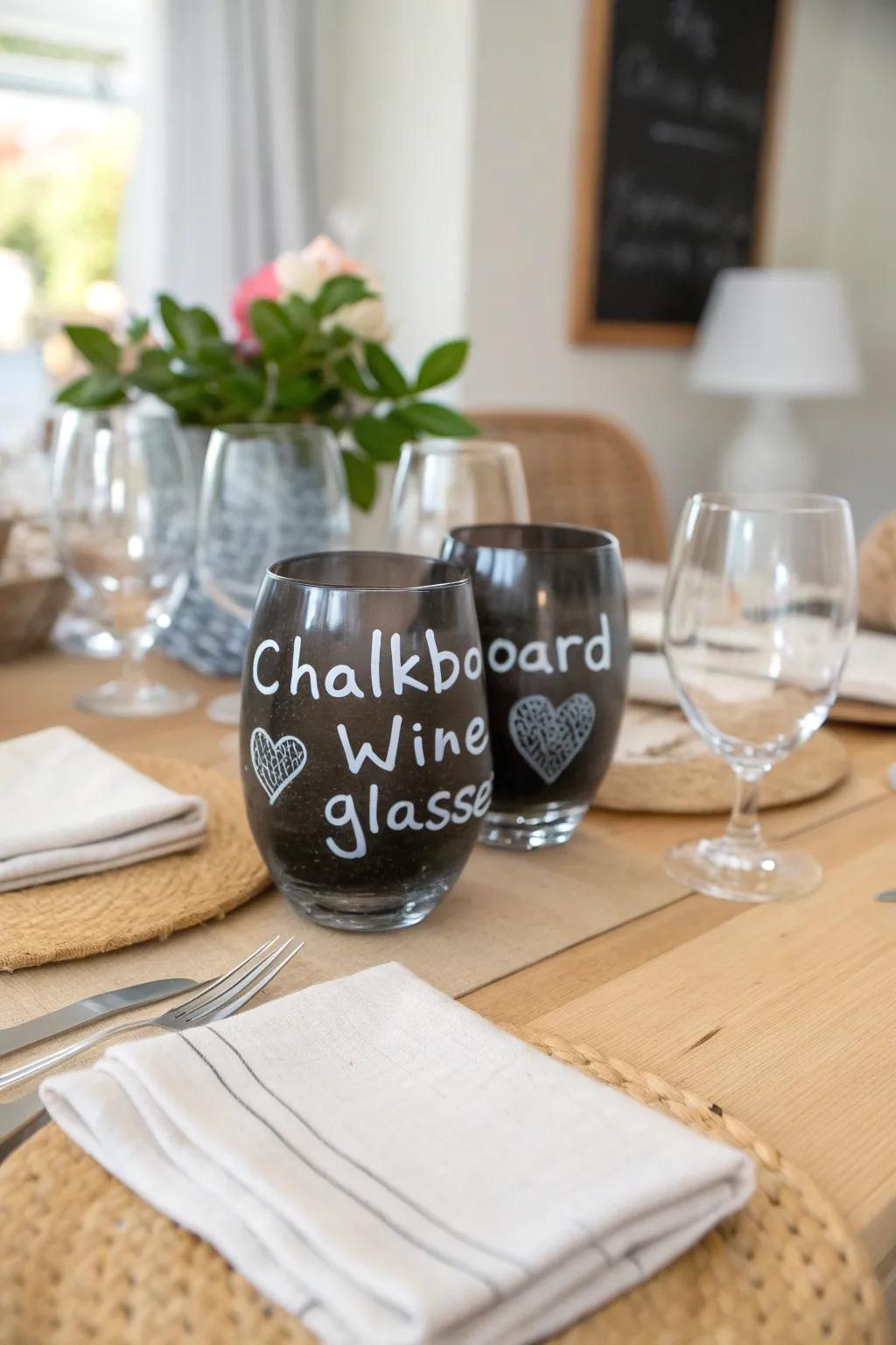 Let creativity flow with chalkboard wine glasses that guests can personalize with their own designs.