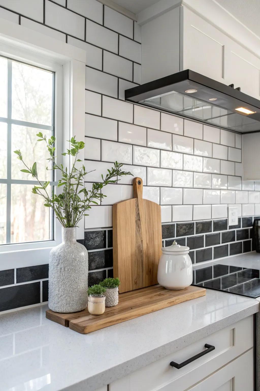 Reflective glass tiles add brightness and style to this small kitchen. ✨