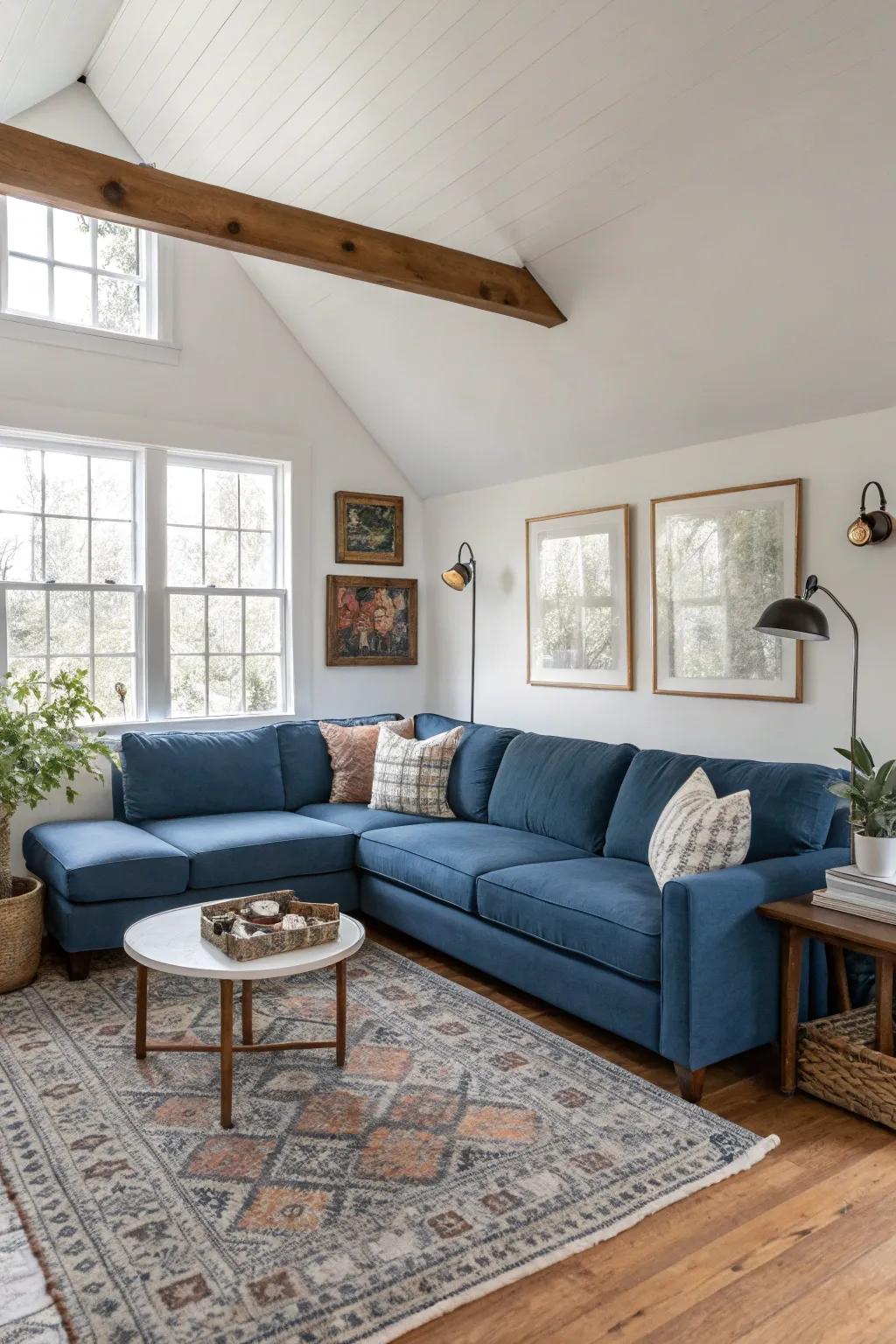 Vintage accents add charm and warmth to your living space, complementing the modernity of a blue sectional.