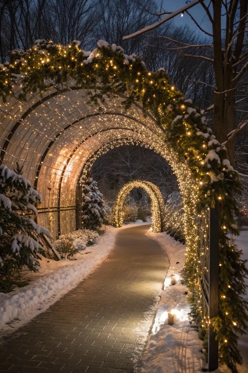 Step into a magical world with a light tunnel that guides you through holiday wonder.