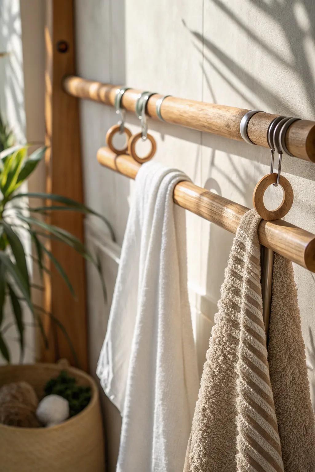 Add a personal touch to your bathroom with decorative hooks combined with dual towel bars.