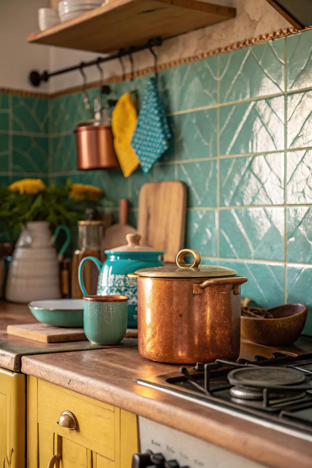 Add warmth and elegance to your kitchen with vintage copper accents that shine. ✨ #CopperAccents #KitchenElegance