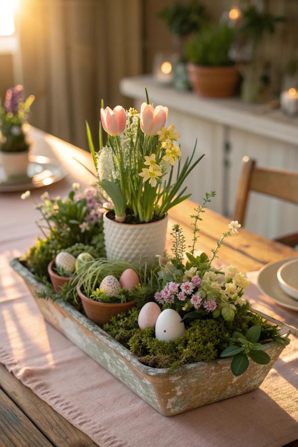 Bring the garden indoors with a mini scene that adds vibrant life to your Easter table.