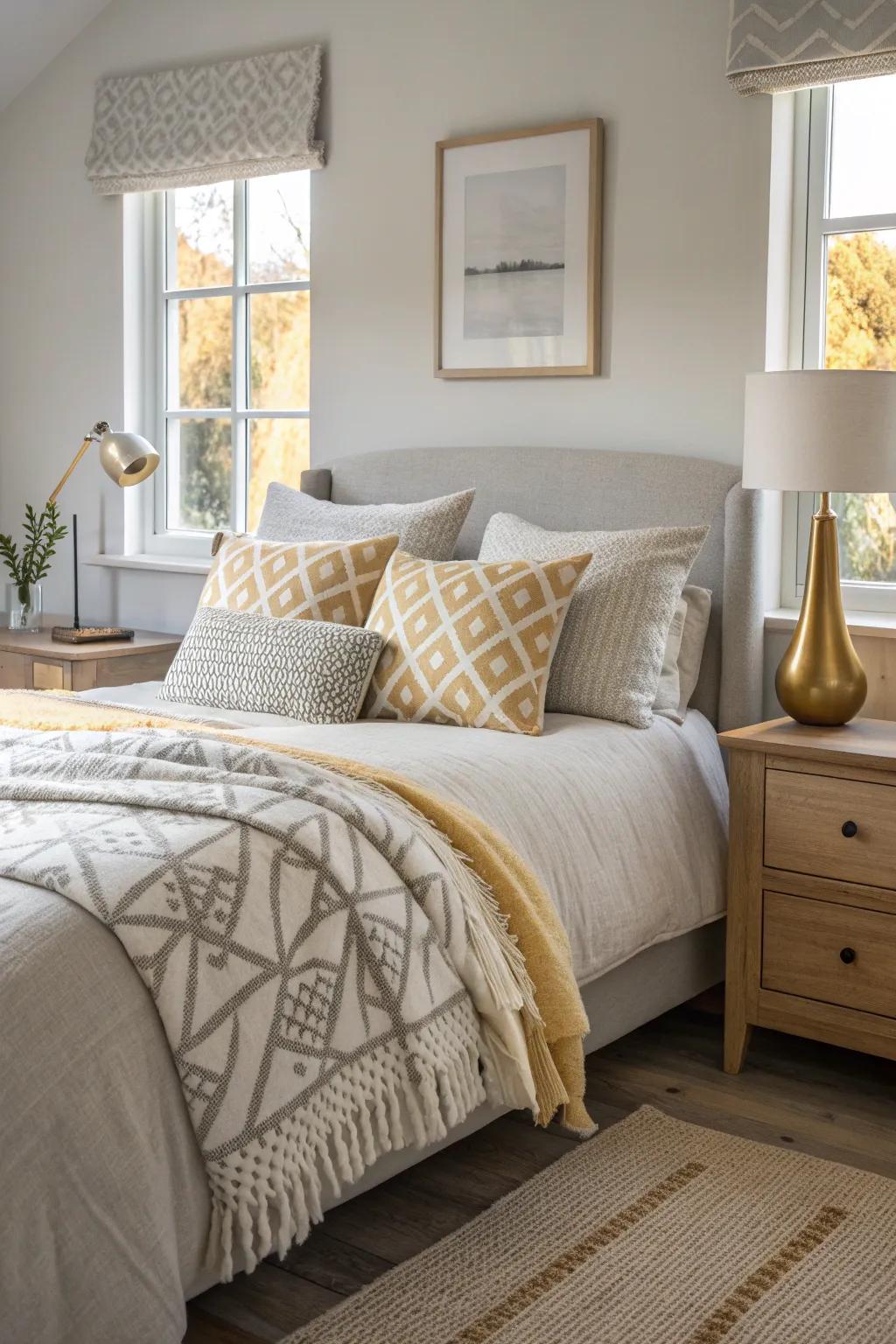 Mix and match patterns to add visual interest while maintaining a serene atmosphere.