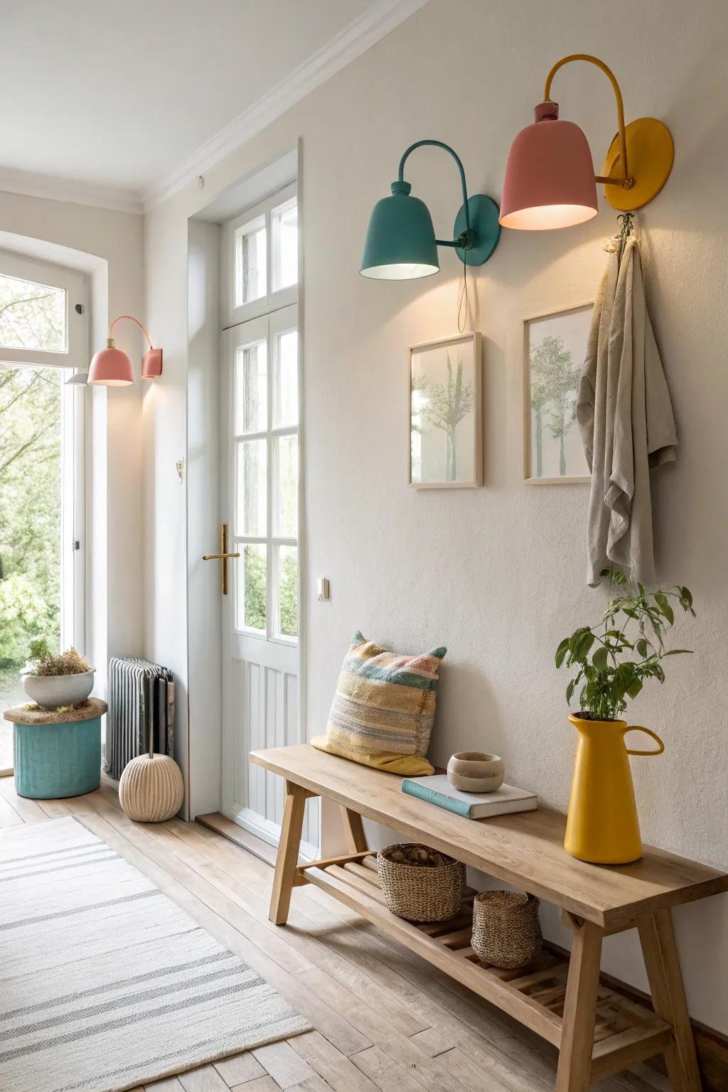 Brighten your hallway with vibrant sconces that add a playful pop of color. 🌈 #ColorPop #VibrantHome #HappyHallways