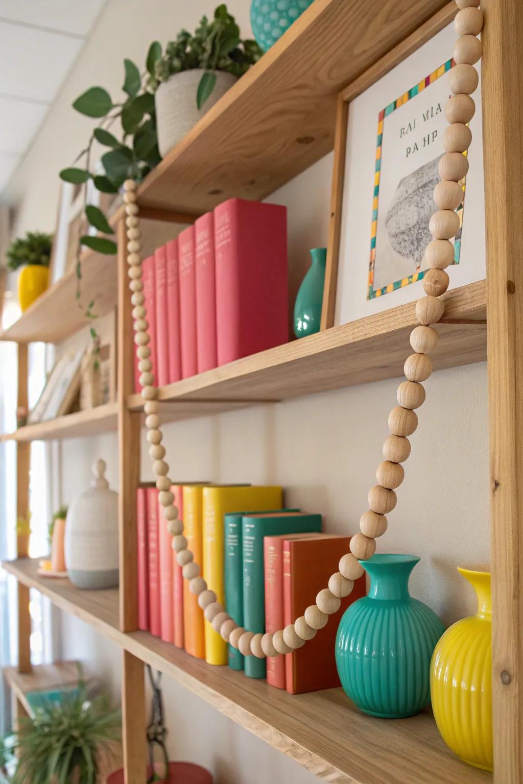 Tie together your open shelf decor with flowing wooden bead garlands.