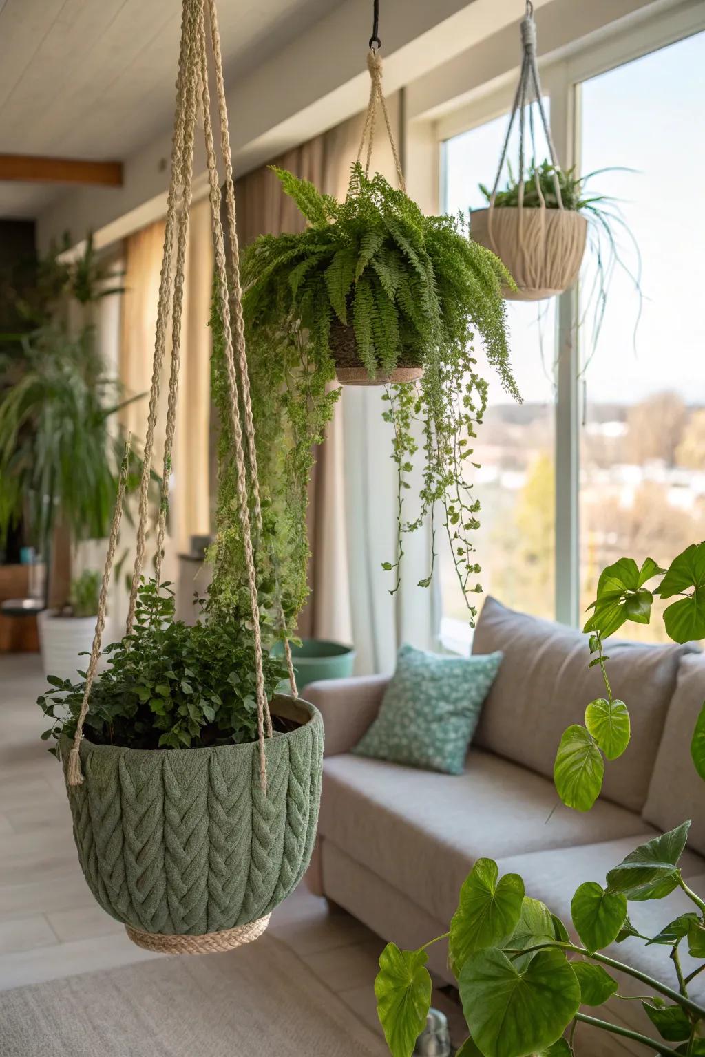 Create a floating garden effect with fabric hanging planters that add a soft touch to your space.
