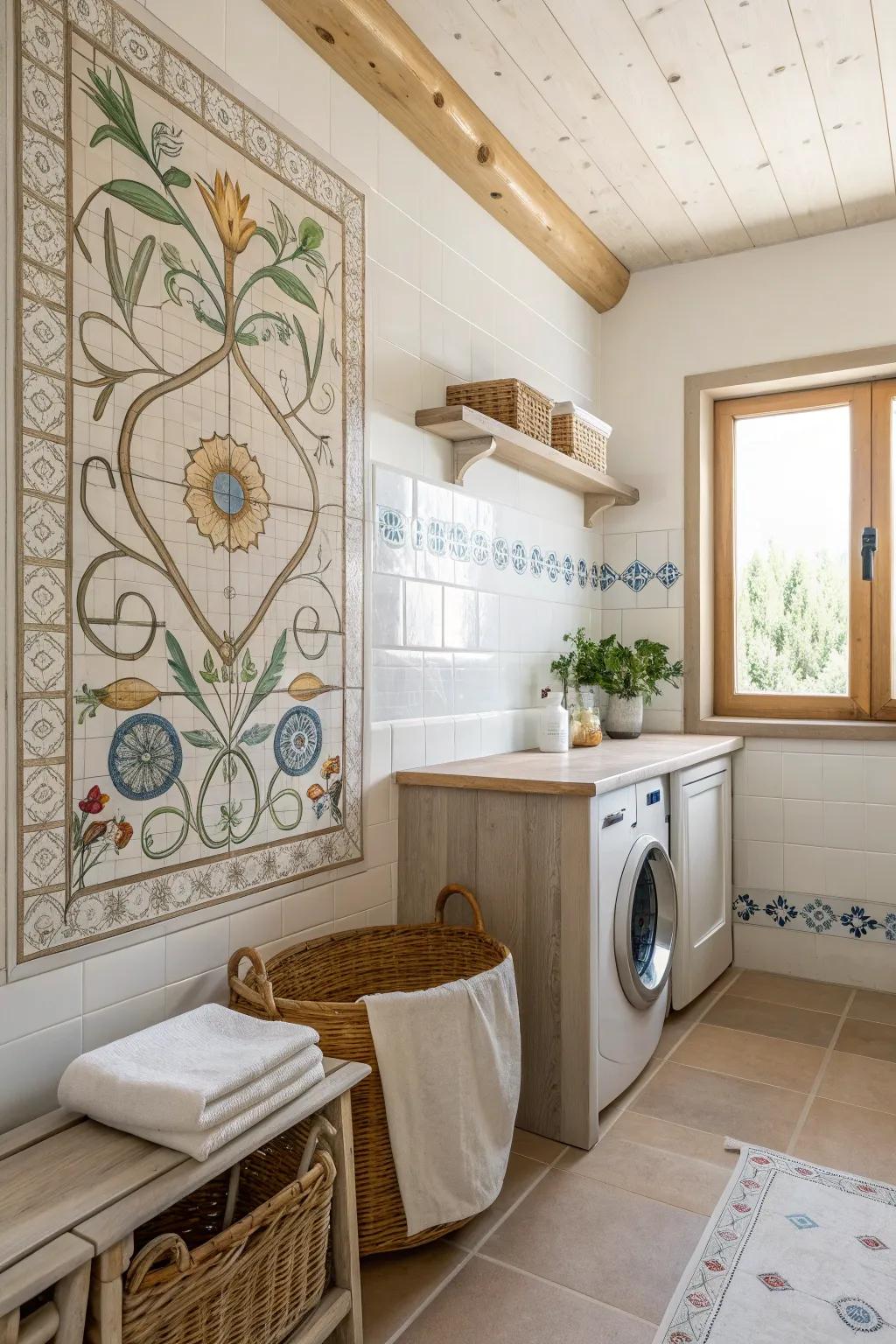Turn your laundry room into an art gallery with a stunning tile mural. 🎨 #ArtisticTiles #CreativeSpaces #LaundryArt