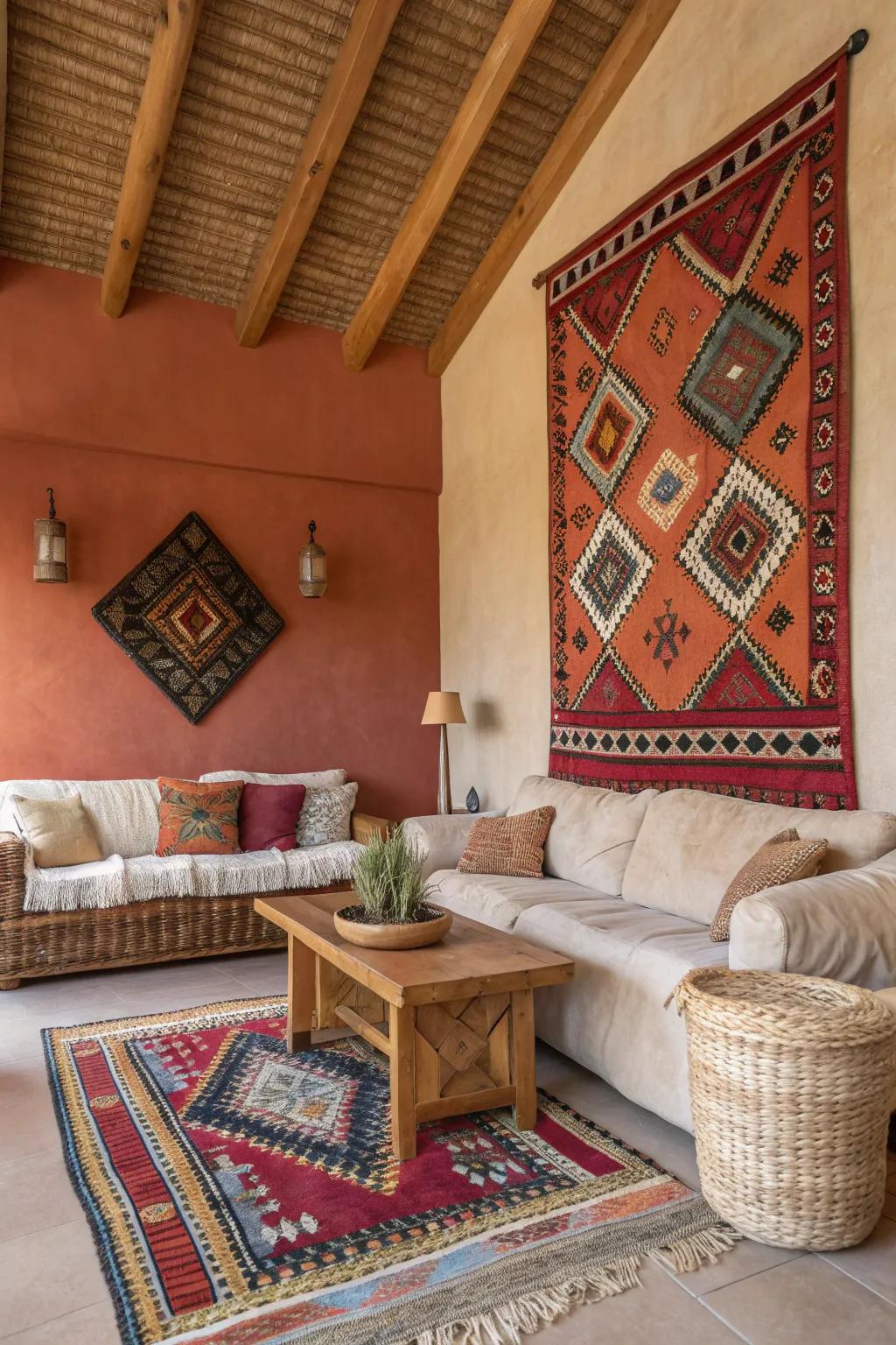 Use a beautiful rug as wall art to add texture and color to your space.