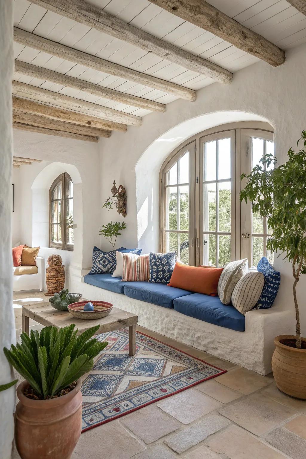 Whitewashed walls reflect light, offering a fresh and cool Mediterranean atmosphere.