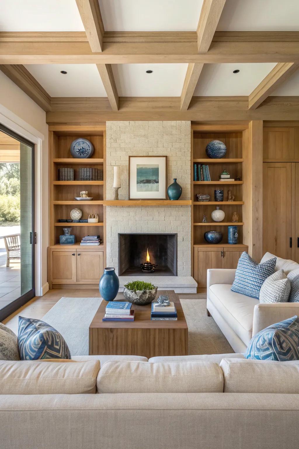 Emphasize your living room's architecture with strategic use of beige and blue. #DesignStrategy #HomeAccent