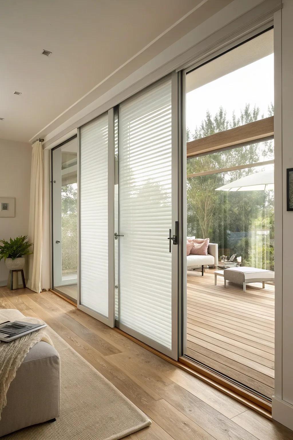 Frosted glass effect blinds provide privacy with a modern twist, perfect for sleek interiors.