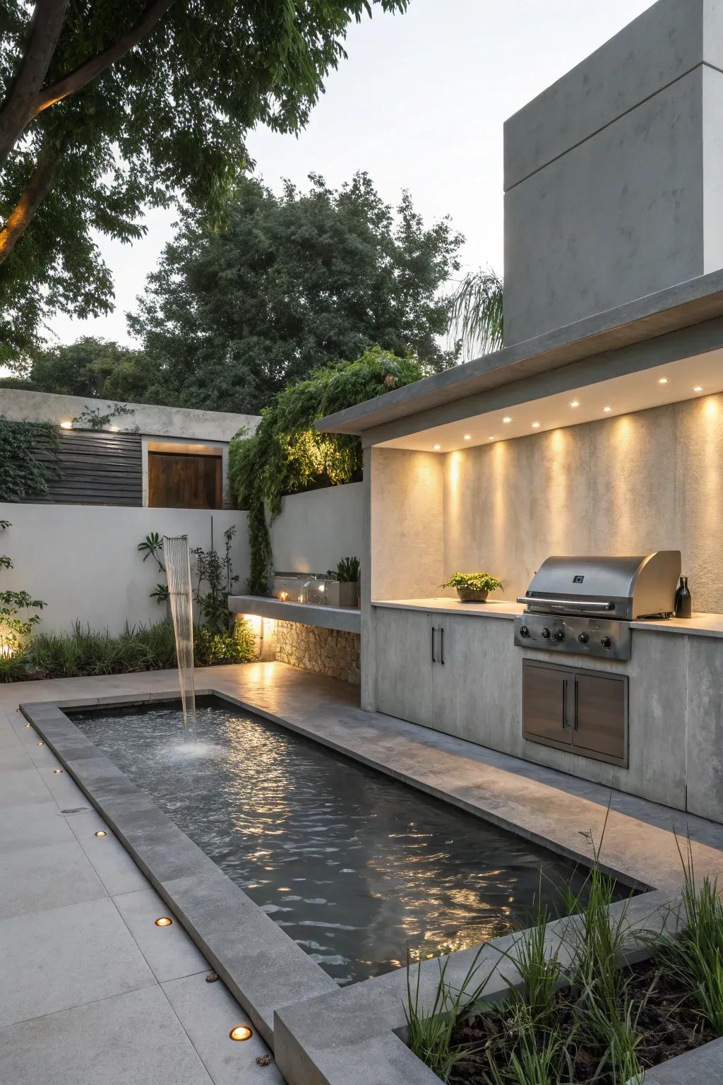 Create a serene atmosphere with a water feature in your concrete outdoor kitchen.