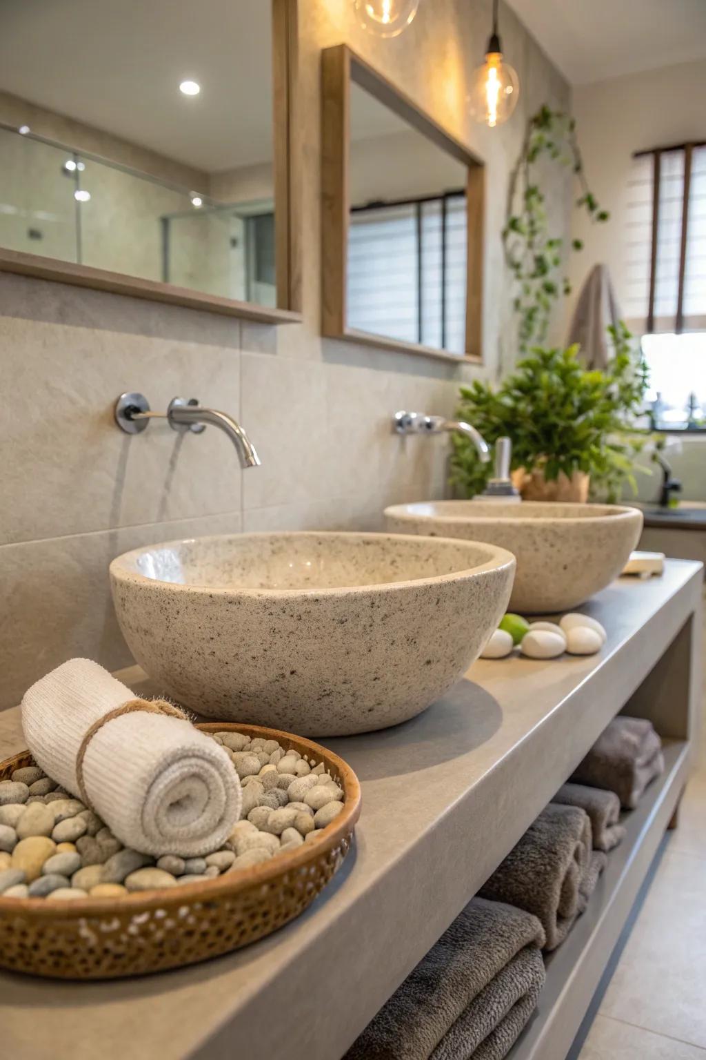 Add rustic charm with pebble sink bowls that offer a unique tactile experience.