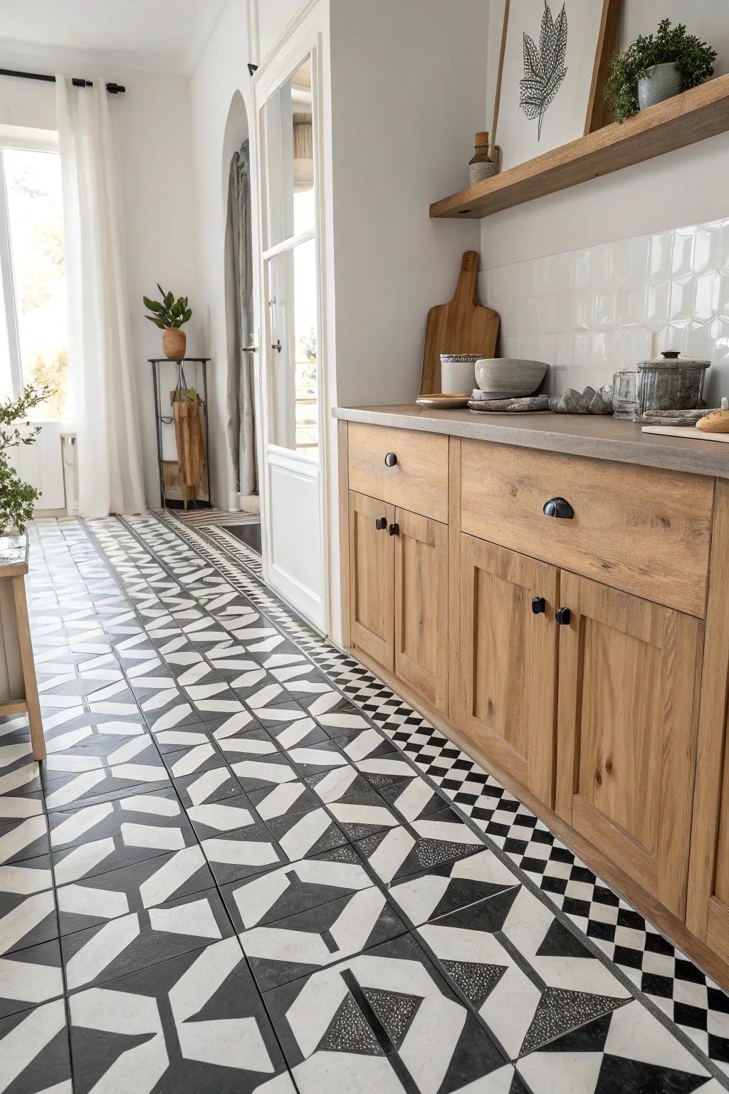 Transform your kitchen with optical illusion tiles that add a unique and stunning visual effect.