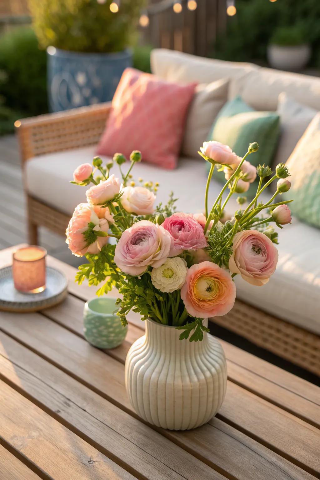 Enjoy delightful outdoor gatherings with a ranunculus centerpiece 🌼 #PatioDecor #OutdoorLiving