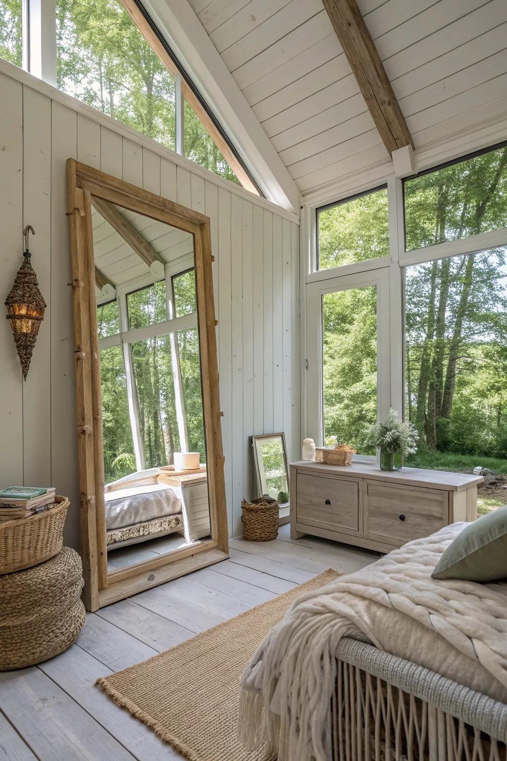 Brighten your cabin with mirrors and light colors for an open feel.