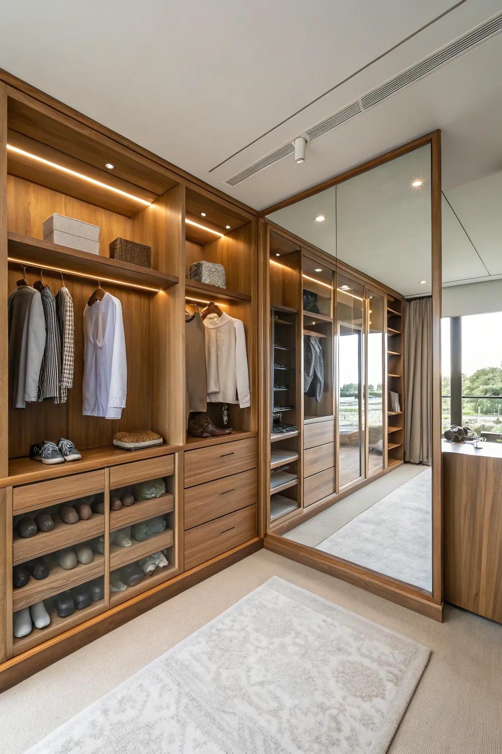 Enhance your closet's space and light with the strategic use of mirrors.