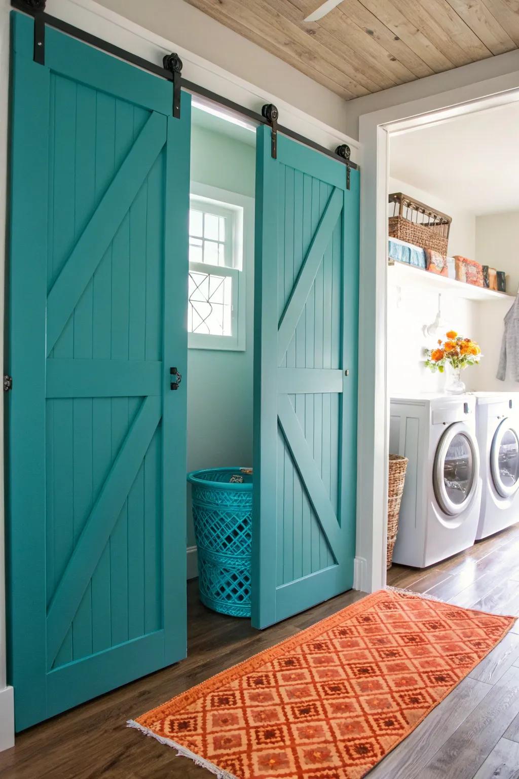 Sliding barn doors offer a rustic, space-saving solution to conceal your laundry room.