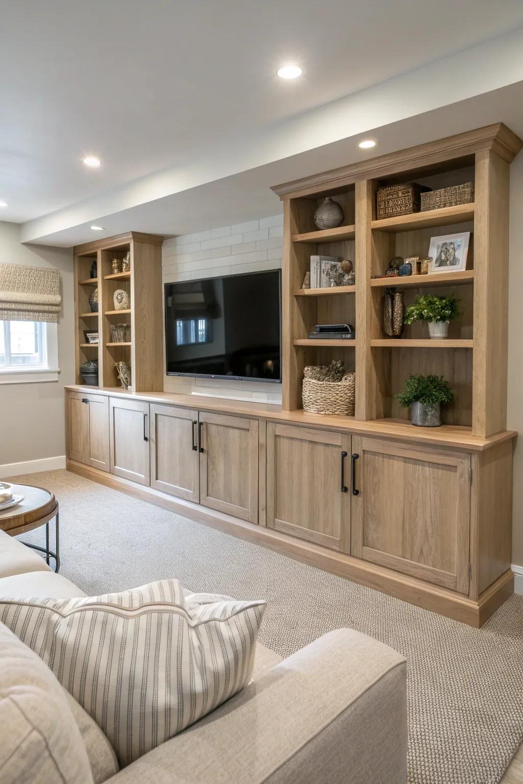 Custom built-ins offer a sleek and functional solution for your media room. 📚 #CustomDesign #BuiltIns