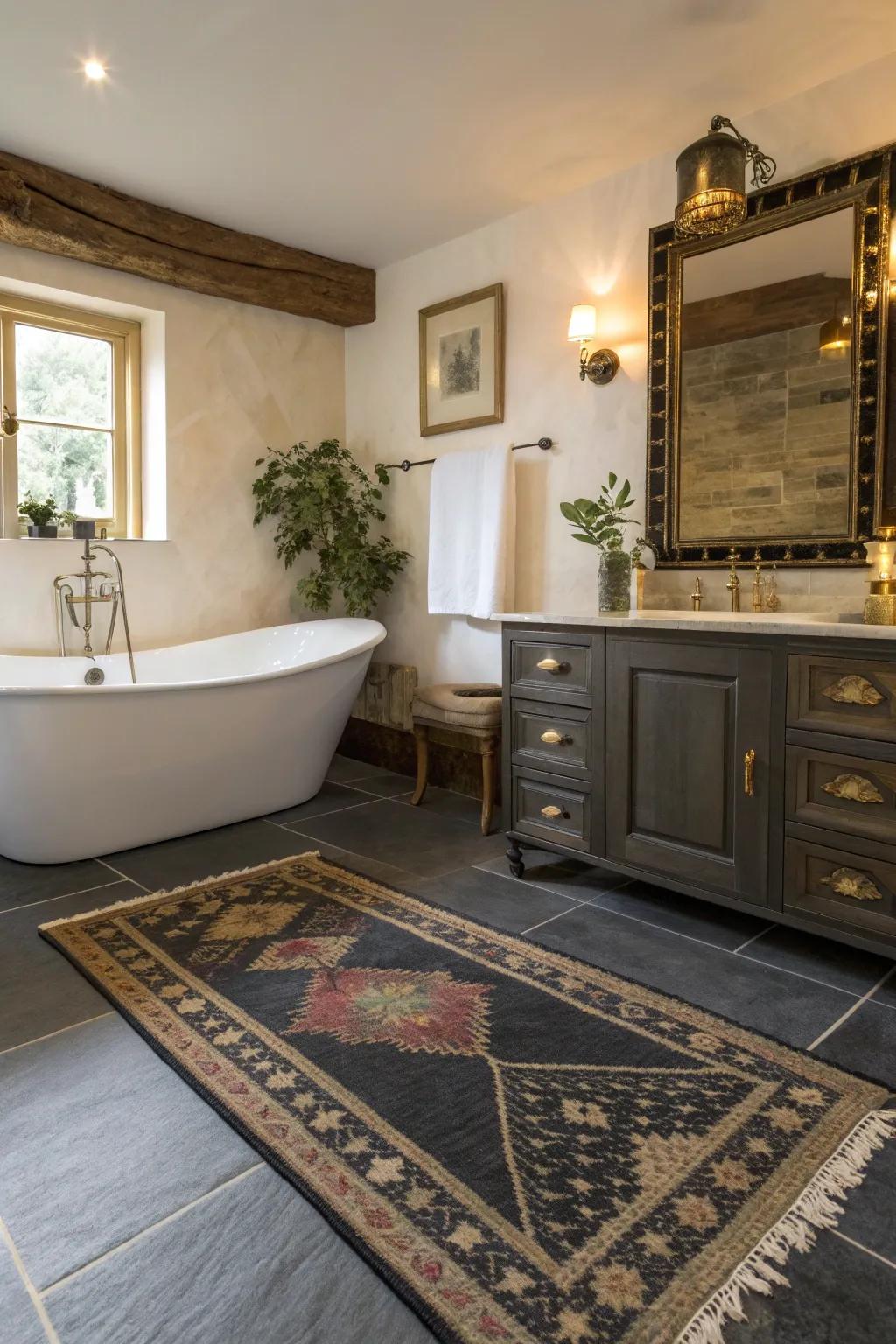 Fuse classic and modern styles for a timeless yet contemporary bathroom with slate floors. 🕰️ #TimelessDesign #SlateFloors #ModernClassic