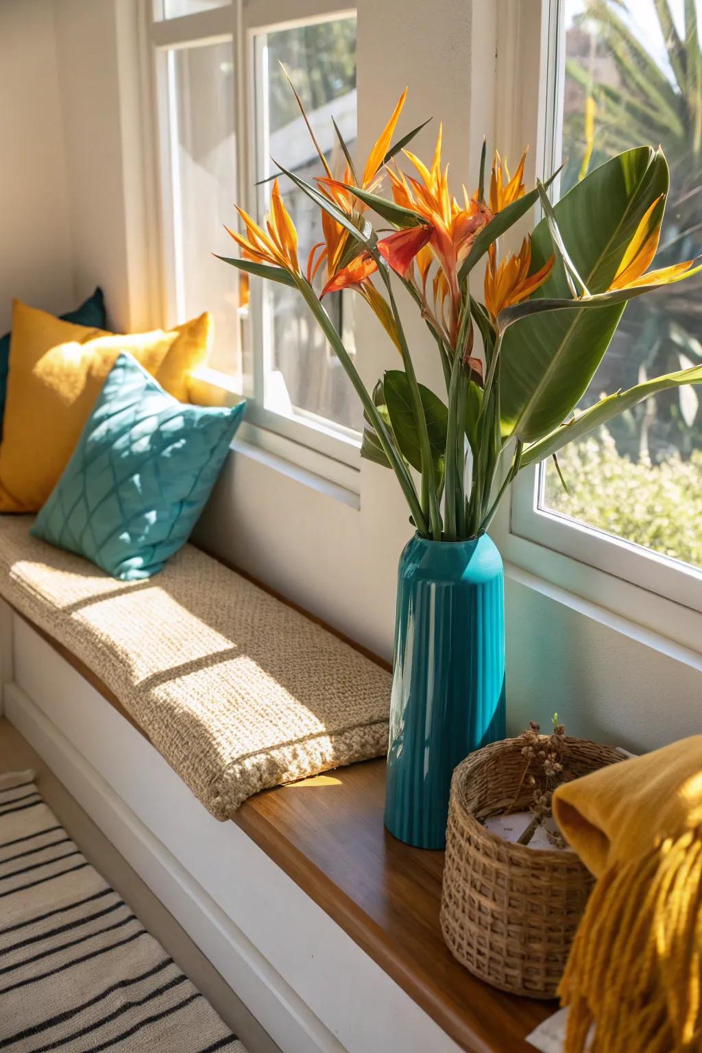 Add a vibrant touch to your reading nook with Bird of Paradise flowers.