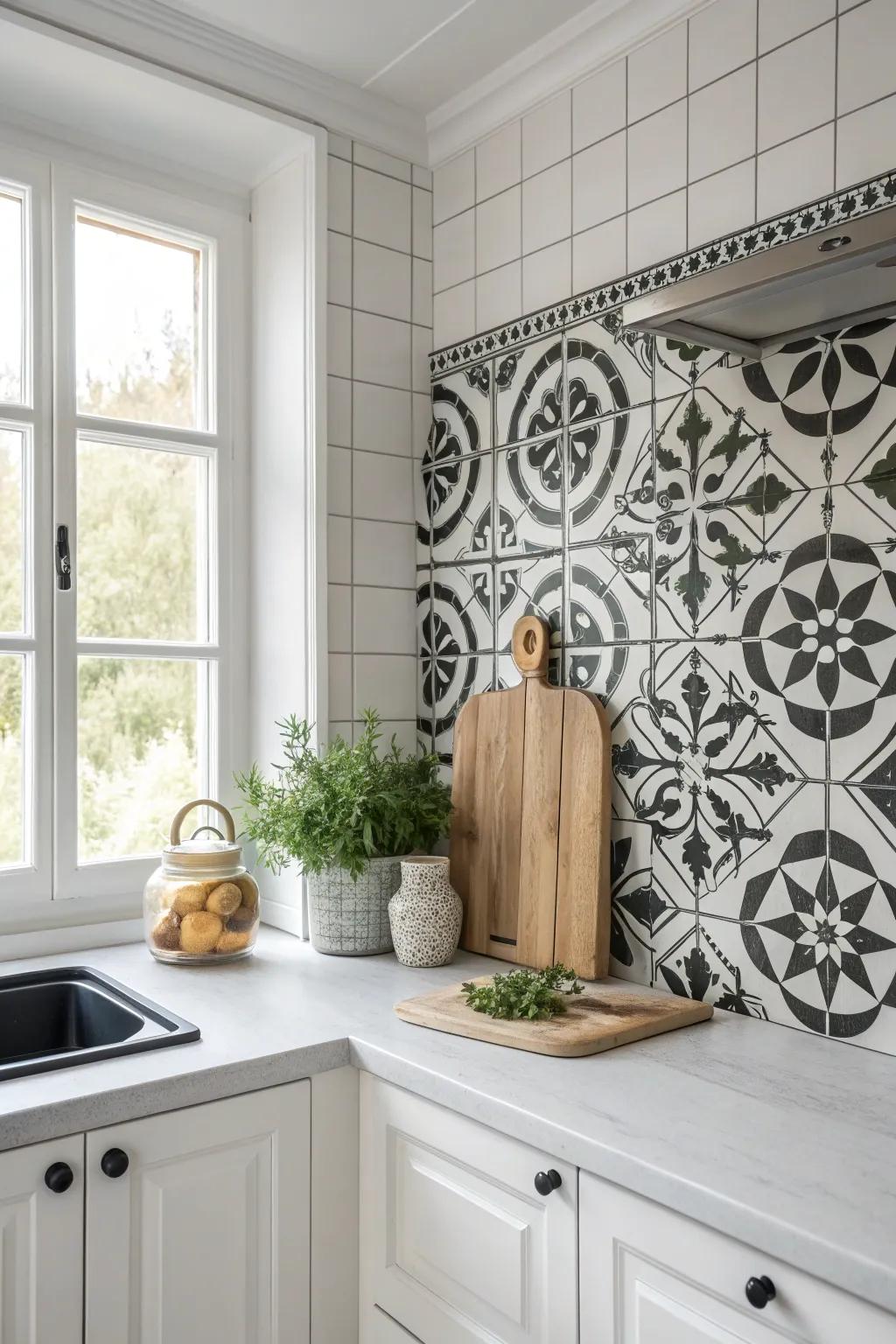 Bold graphic tiles make a striking statement in this contemporary kitchen.