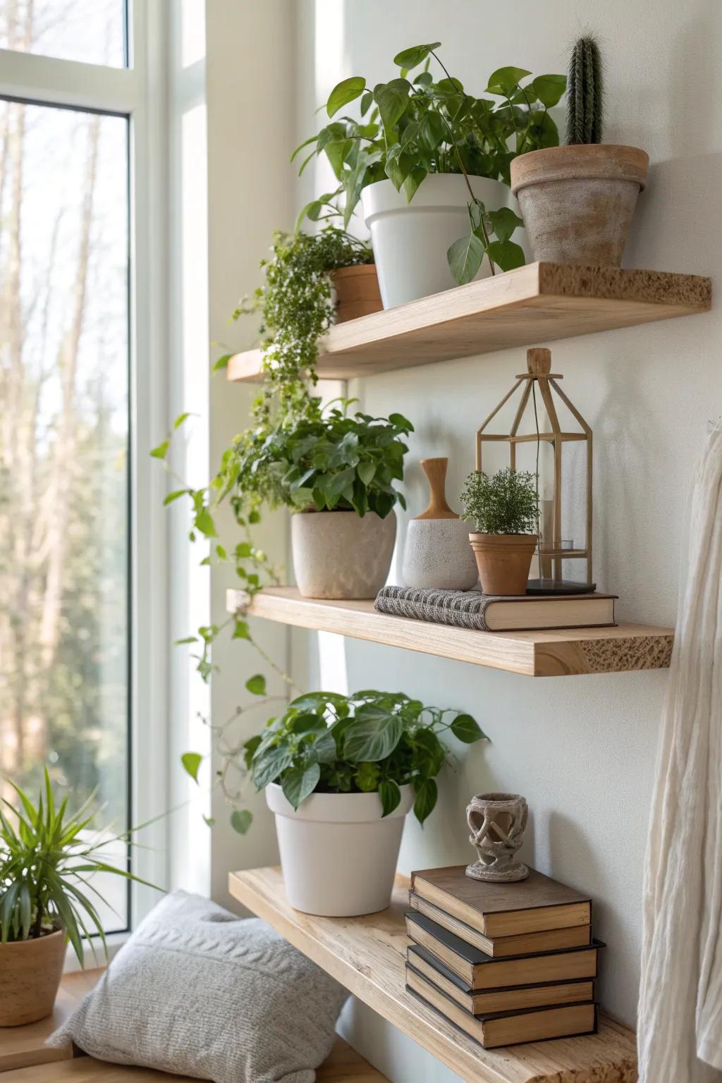 Floating shelves create a dynamic display of vinca at varying heights.