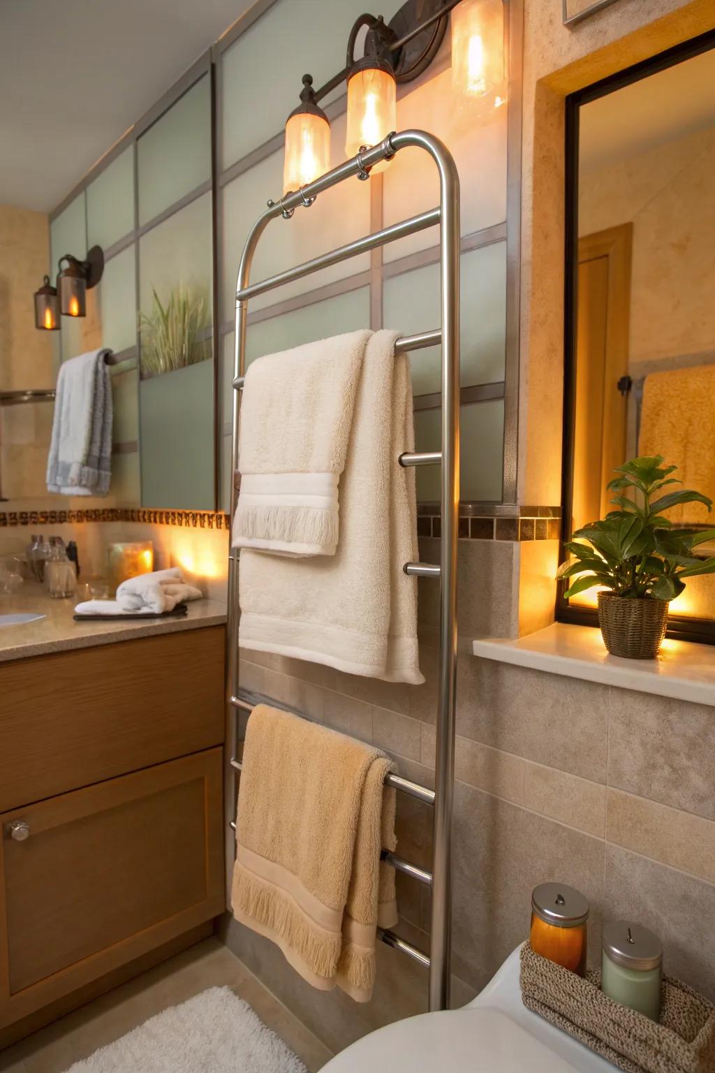 Illuminate your space with a double towel rack that features integrated lighting for enhanced ambiance.