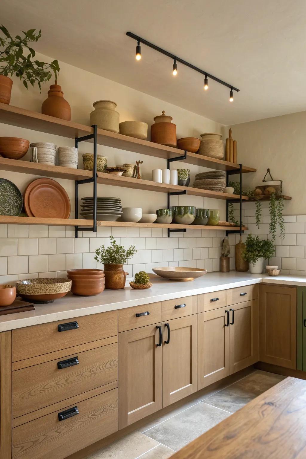 Keep your kitchen open and stylish with earthy-toned open shelving that showcases your personal flair.