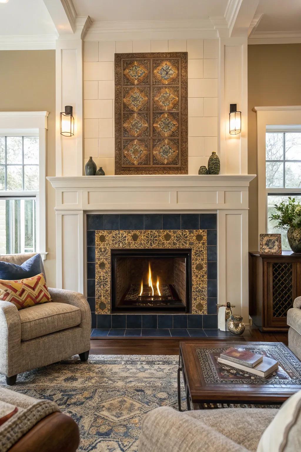 Create a one-of-a-kind fireplace with custom tiles that reflect your unique style. #CustomDesign #PersonalizedSpace