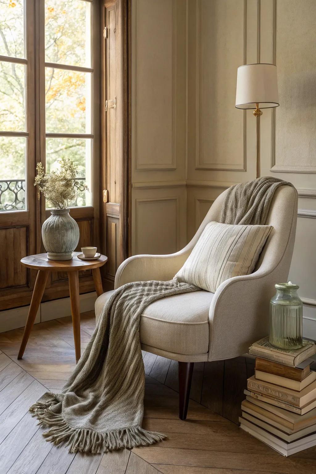 Design a welcoming reading nook perfect for relaxation and quiet moments.