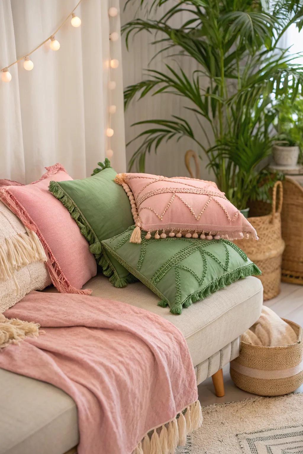 Boho pillows bring comfort and style, adding a casual elegance to the nursery.