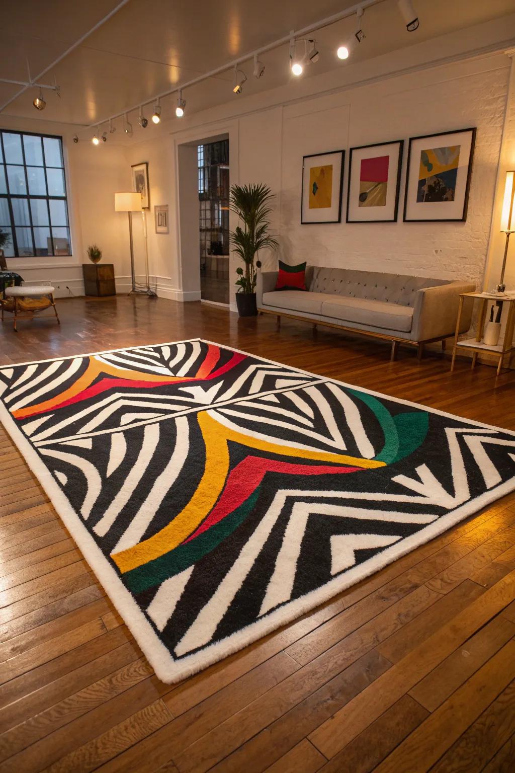 Transform your space with graphic print rugs that showcase your creativity. #GraphicArt #BoldDecor #StyleStatement