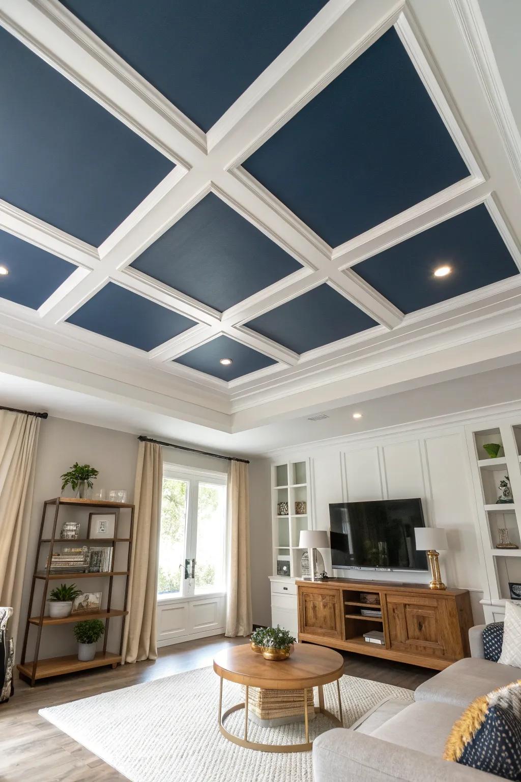 Let your creativity soar with artistic coffered ceilings that make a statement. #CreativeDecor #ArtisticCeiling #DesignInspiration