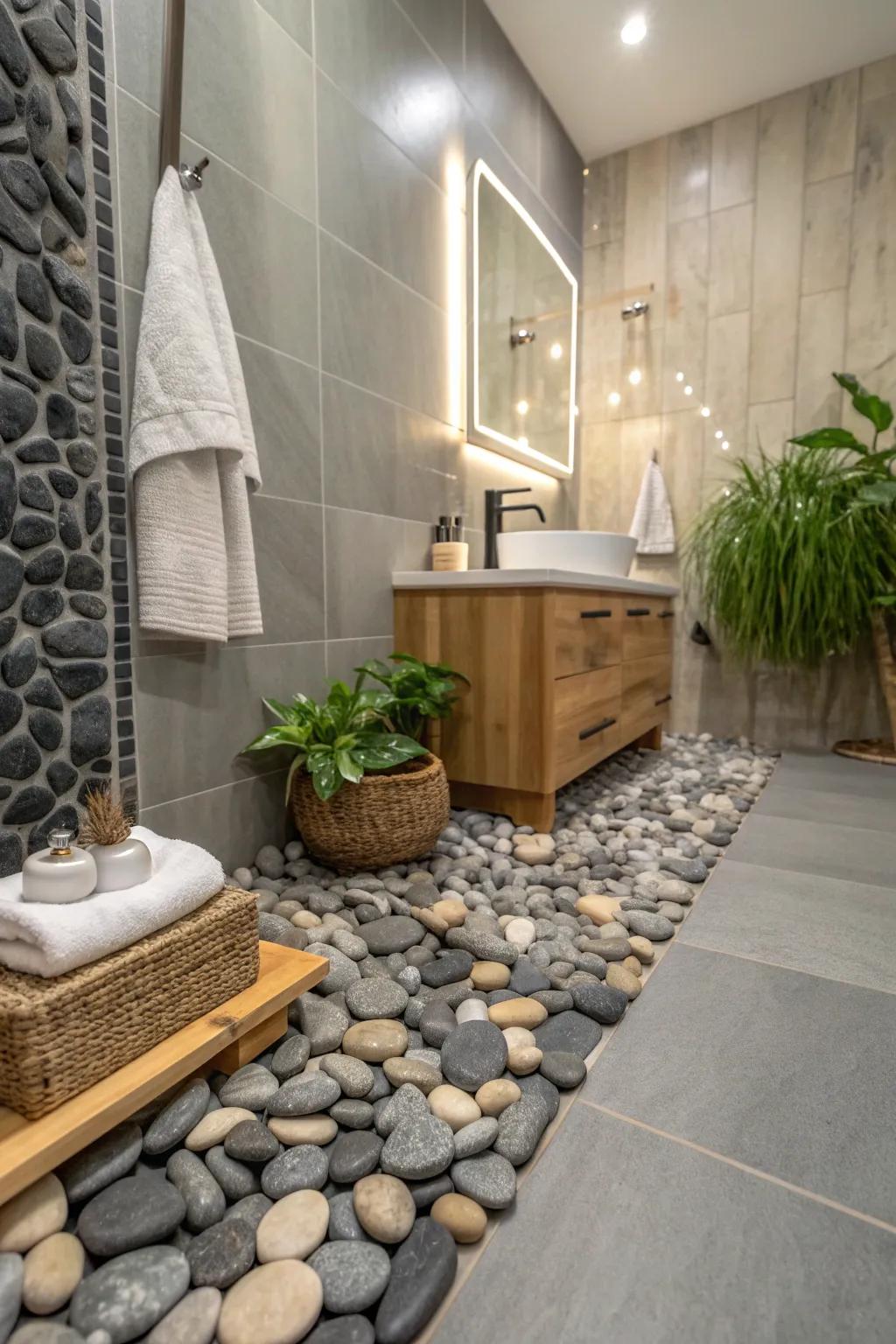 Achieve visual harmony by contrasting pebbles with sleek, smooth tiles. 🔳🔲 #TileDesign #BathroomHarmony