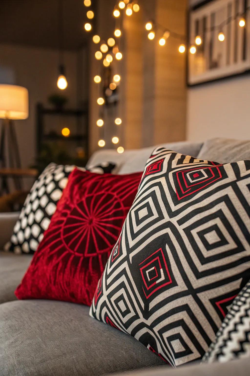 Refresh your living room effortlessly with op art textile accents that add a touch of modern art.