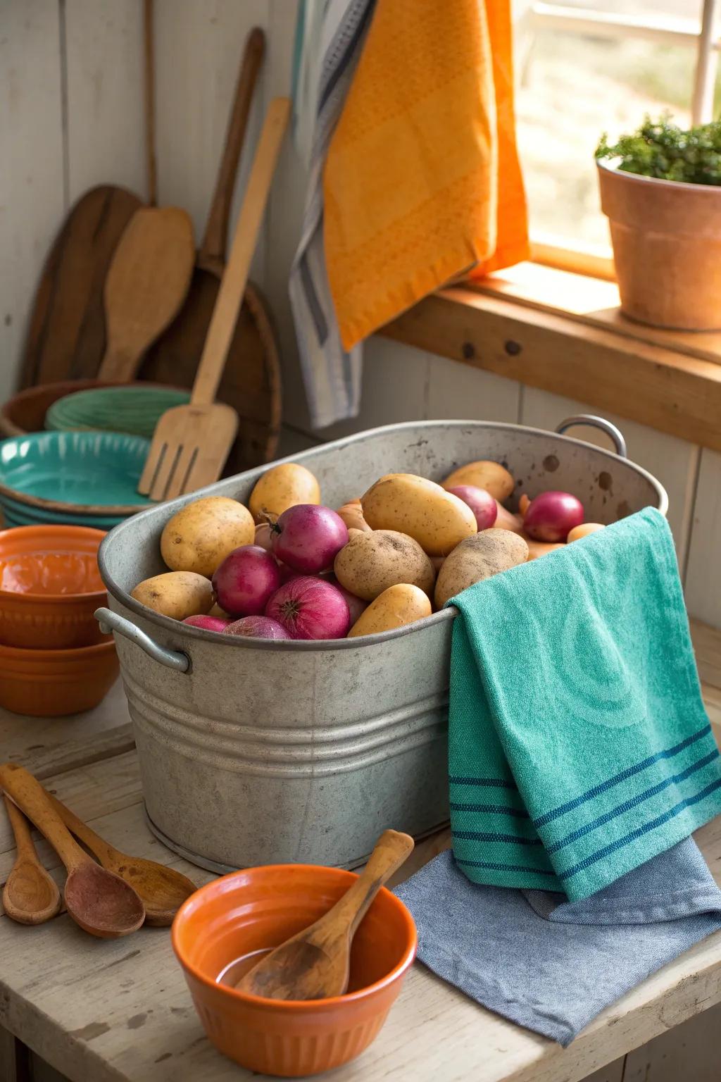 Infuse rustic charm with durable galvanized tub storage.