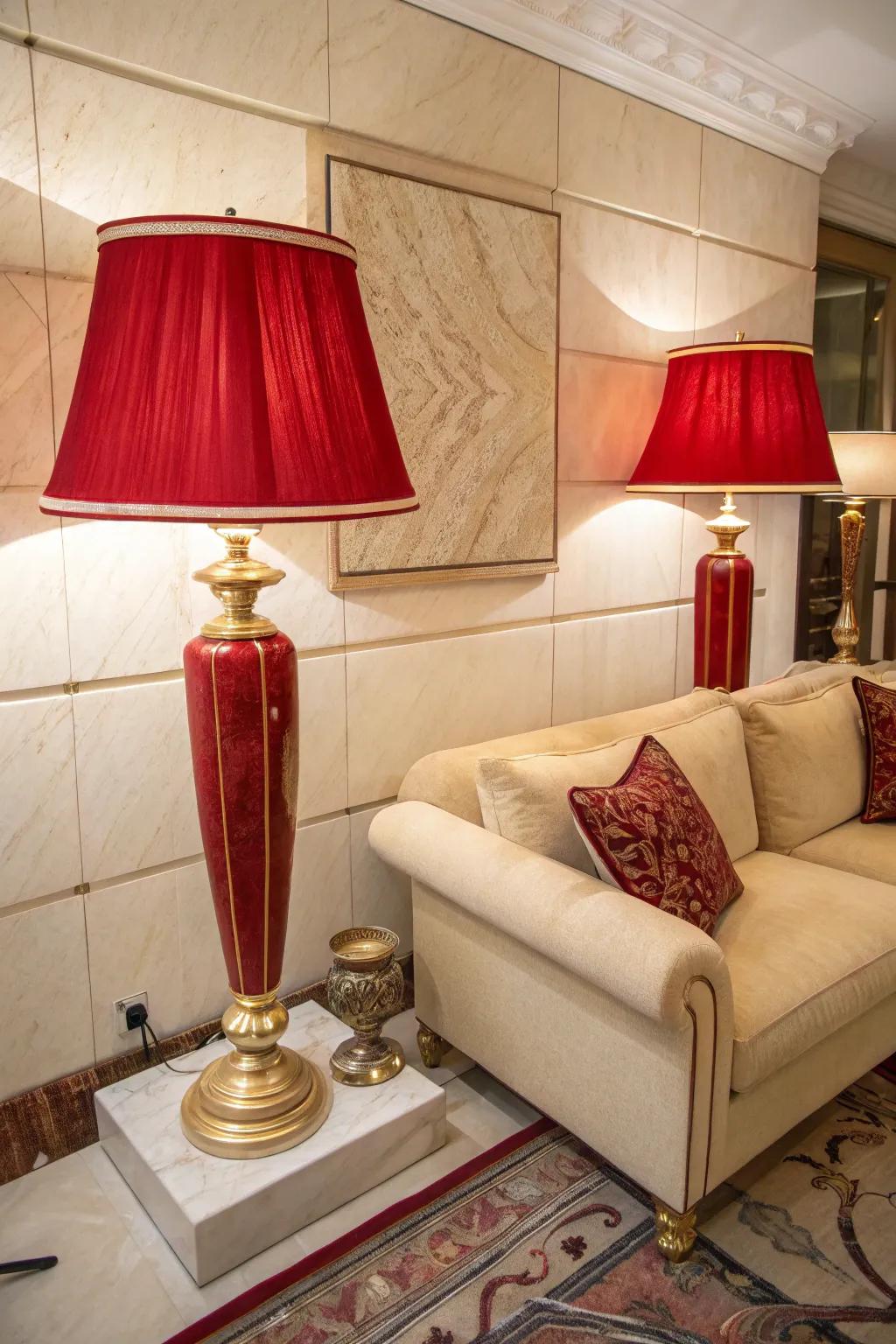 Illuminate your style with red lampshades and cream bases for ambient elegance.
