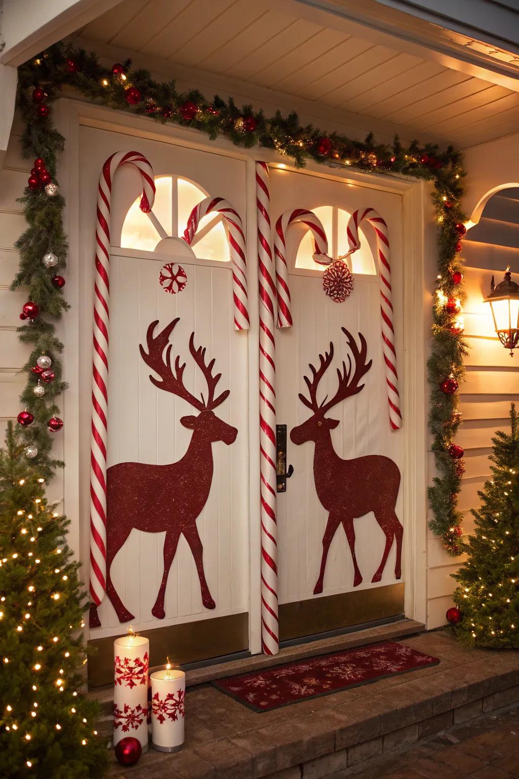 Sweeten your entrance with a delightful mix of candy canes and reindeer cutouts.