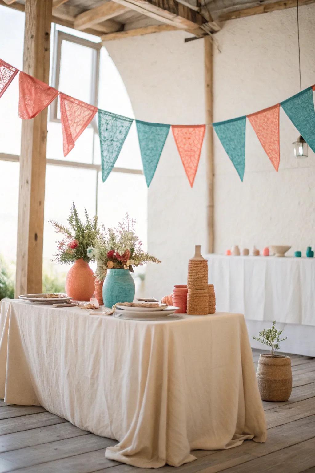 Colorful fabric banners bring joy and vibrancy to your sweetheart table decor.