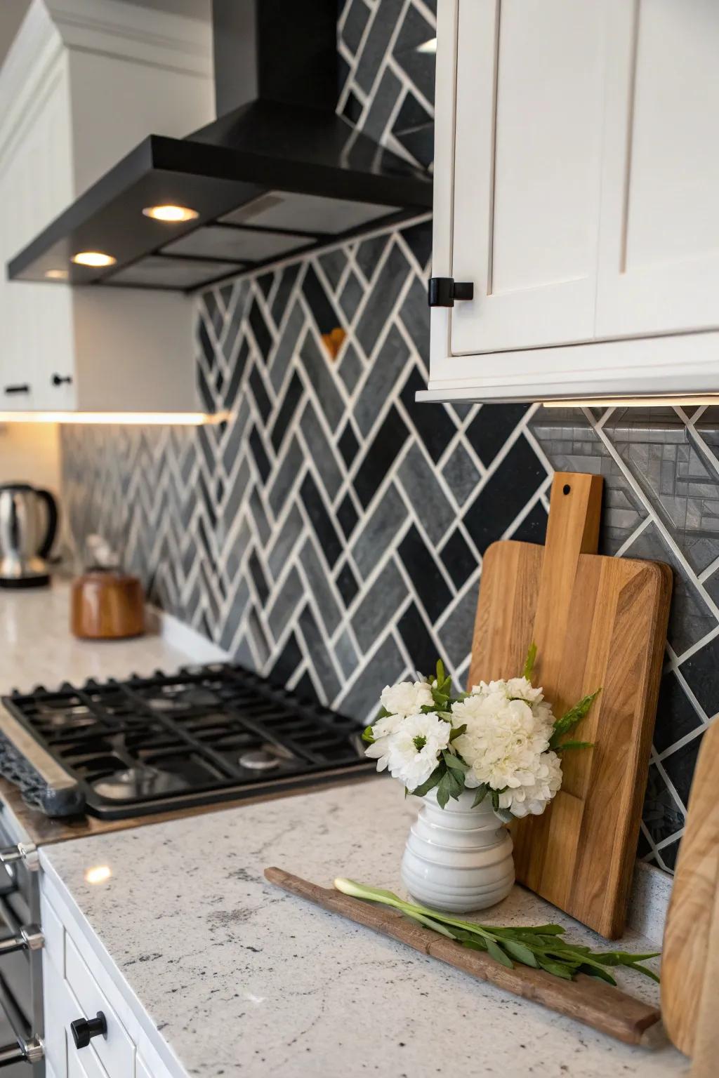 Sophisticated herringbone patterns elevate this elegant kitchen design.