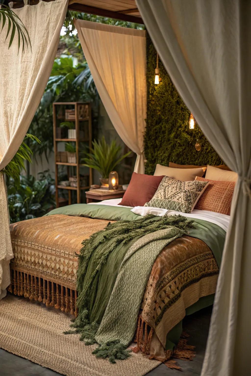 Layered textures create a cozy retreat, inviting relaxation and comfort.