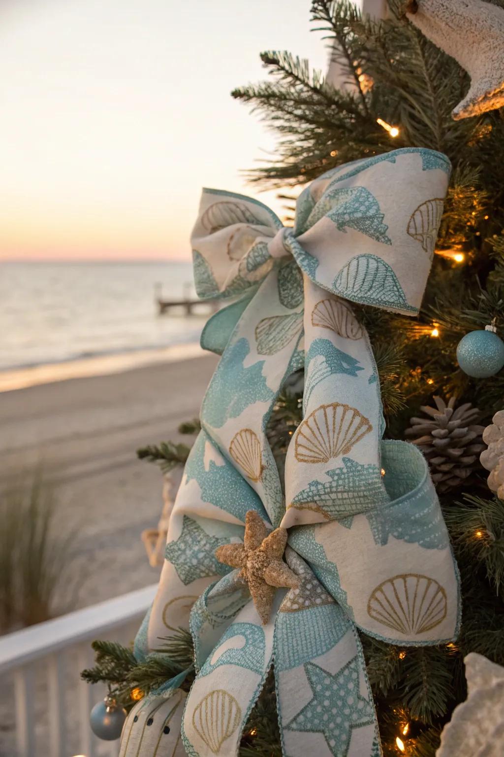 Coastal fabric bows add a soft and themed finish to your tree.