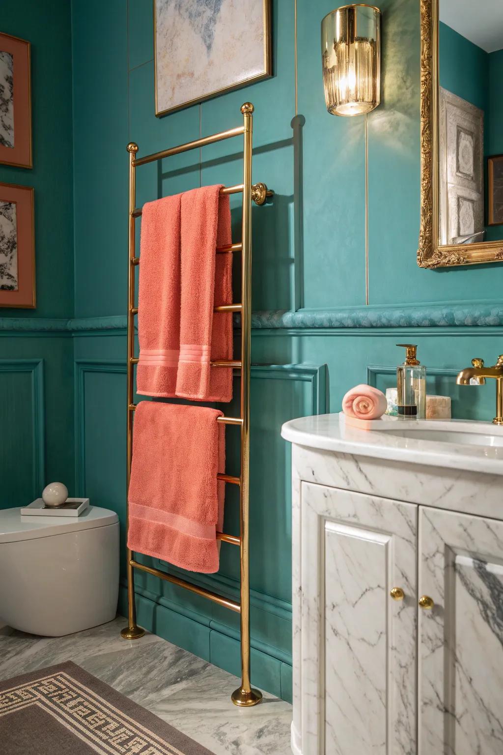 Elevate your bathroom with chic marble accents on your double towel rack for a luxurious touch.