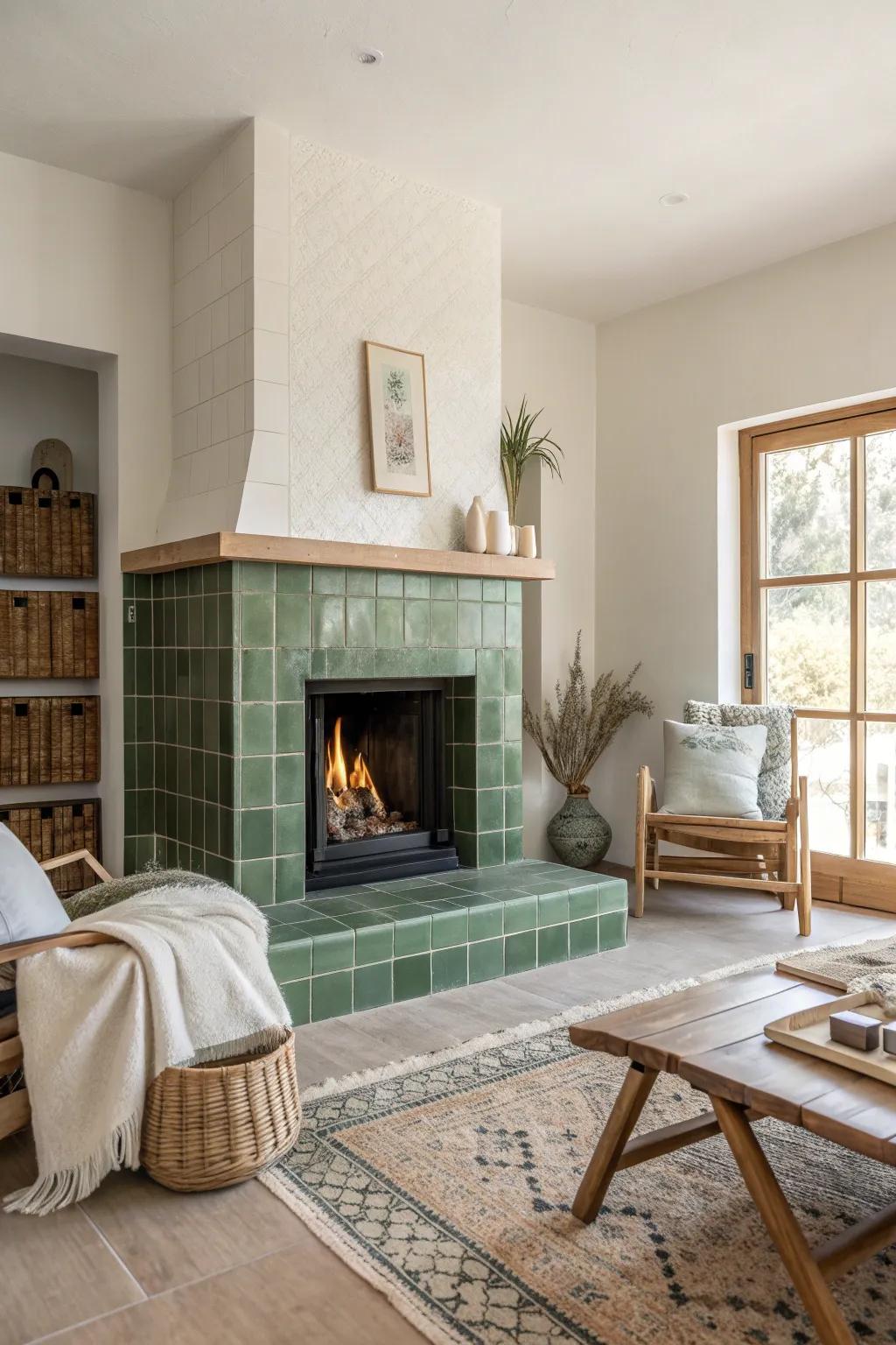 Invoke serenity with nature-inspired green tiles that bring calm to your living space. 🌿