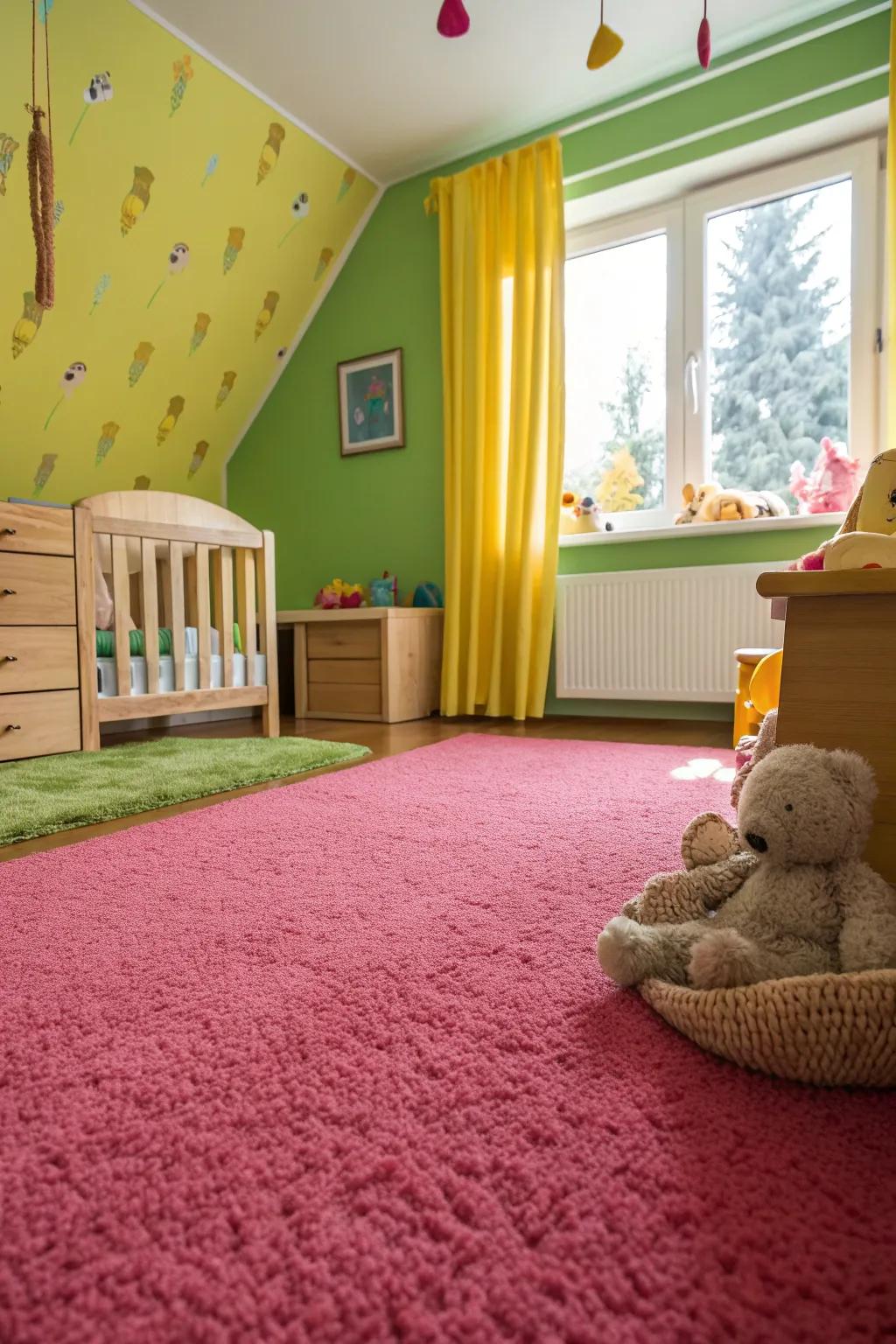 Playful pink carpets create a fun and lively space for your little one to explore. 🎠💖 #PlayfulCarpet #NurseryFun