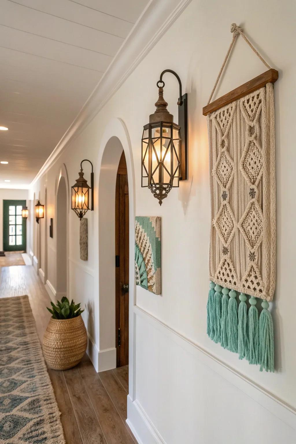 Infuse your hallway with bohemian flair through sconces that reflect global artistry.