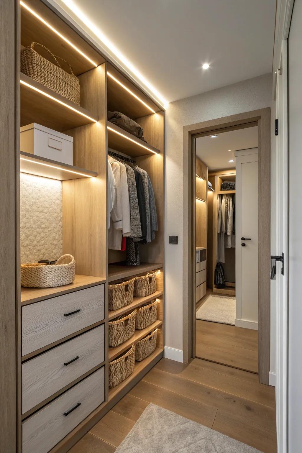 Brighten your closet with LED lighting, making it easy to find and enjoy your wardrobe. 💡 #ClosetLighting #SmartHome