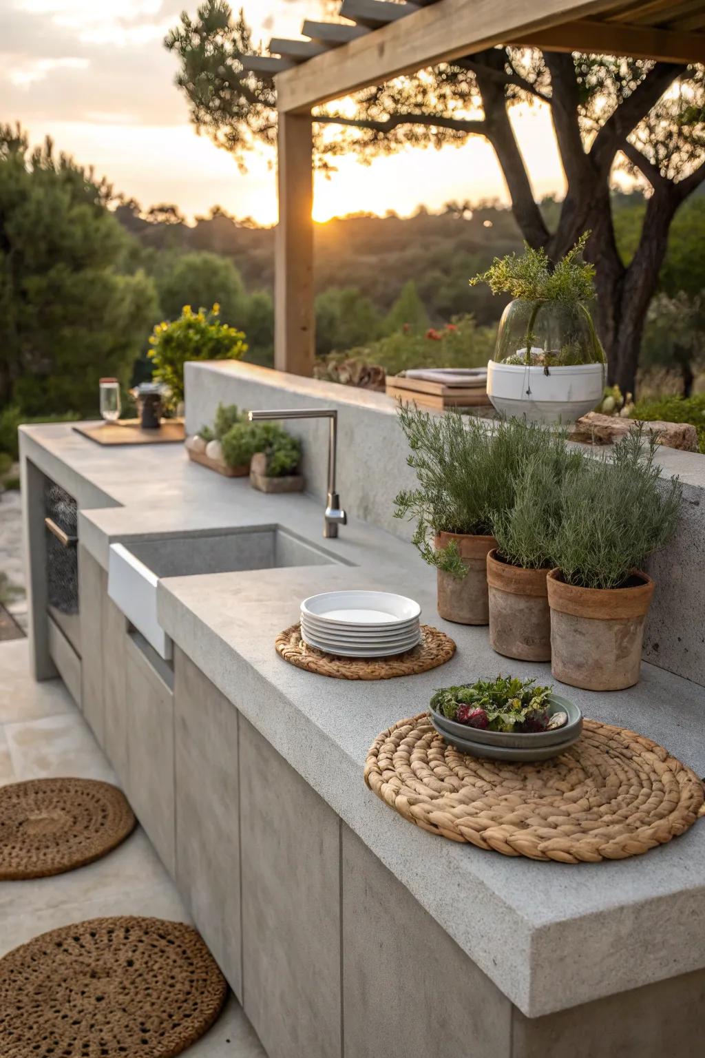 Choose sustainability with eco-friendly concrete solutions for your outdoor kitchen.